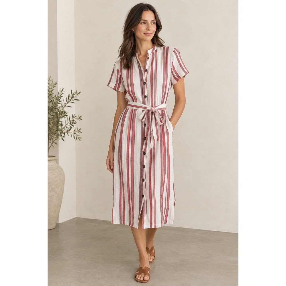 LOFT Striped Linen-Blend Tie-Waist Midi Shirtdress Burgundy Cream Size 2 NWT